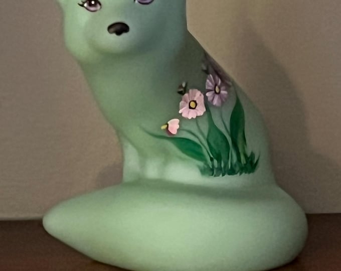 Fenton Green Hand Painted Fox Signed Lisa Van Es Art Glass, Painted Glass Fox Lover Antiques and Vintage