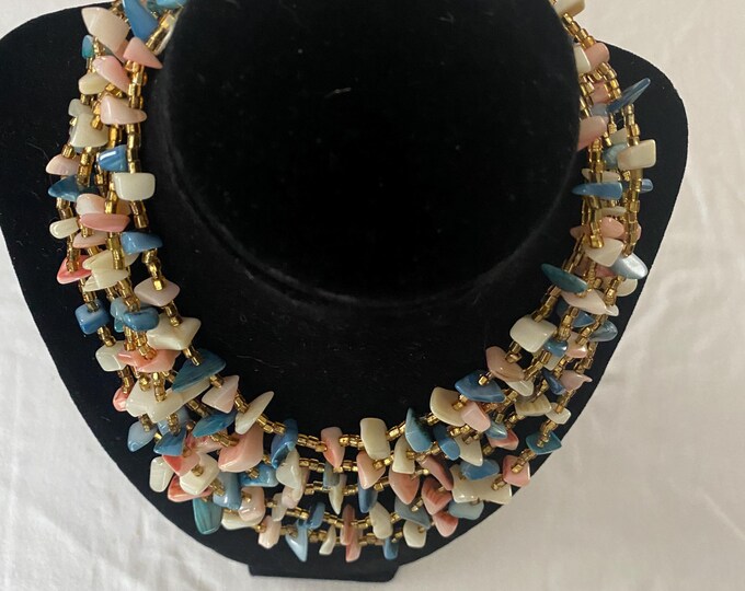 Vintage 5 Strand Mother of Pearl White Pink Blue Multi Colored Necklace Beads Earth Stone Jewelry Lover Antiques and Vintage