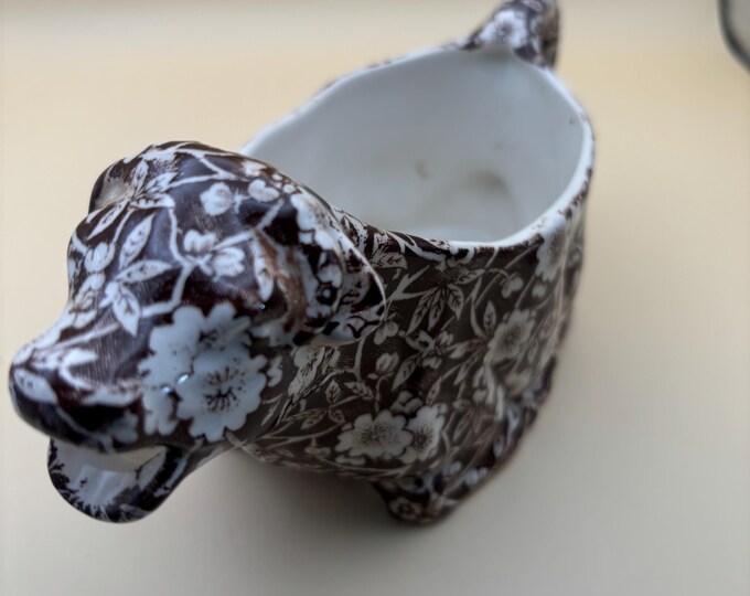 Calico Cow Creamer Royal Crownford Ironstone England Brown White Cow, Floral Transferware