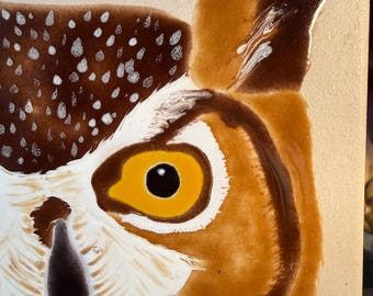 Vintage Ceramic Owl Trivet, Handpainted Brown Yellow 8 Inch Rustic Kitchen Decor