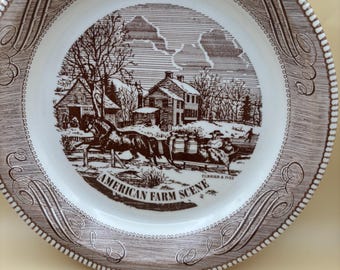 Jeanette Pie Plate, Royal China Farm Scene Brown Ironstone 10-inch Vintage American Farmhouse Pie Dish Antique Gift for Her