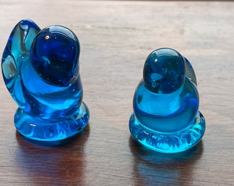 2 Vintage Leo Ward Signed Bluebird of Happiness Art Glass Artwork Bluebirds blue