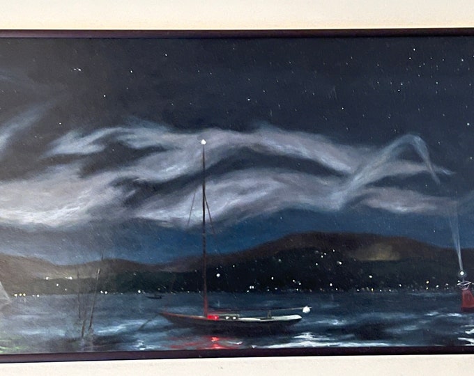 Vintage Boat at Night Hand Painted Painting signed by Artist Robert P. Schweitzer Mid Century Modern Artwork