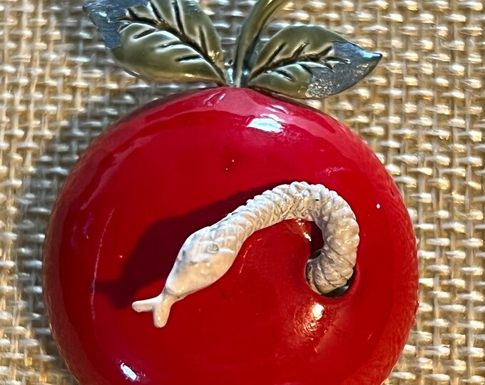Vintage Coro Apple with Worm Brooch, Apple Pin, Lover Antiques and Vintage