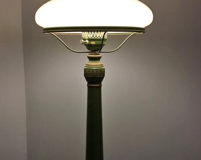 Vintage Green Library Lamp with Hurricane Globe & Milk Glass Mid Century Modern Table Lamp