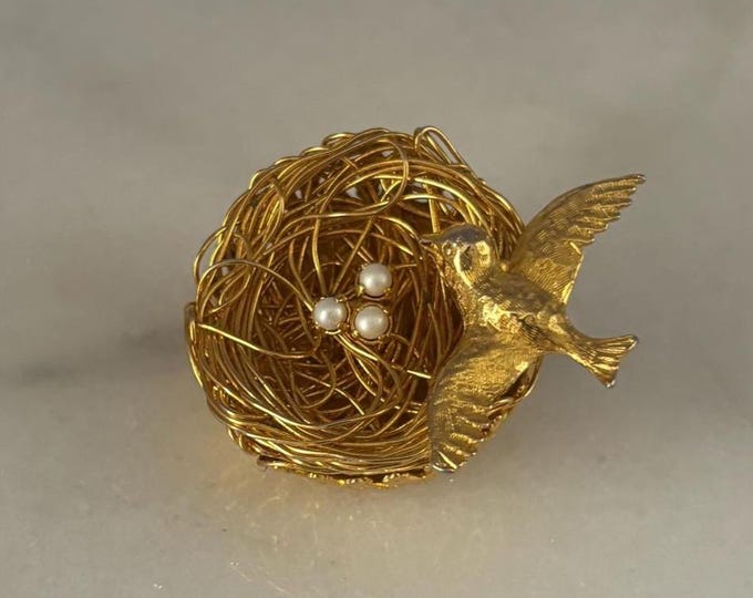 Vintage Gold Bird on Nest with Tiny Pearl Eggs in Basket Signed Jeanne Lover Antiques and Vintage