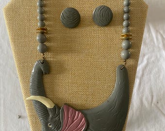 Vintage Elephant Figural BIB & Beaded Statement Resin Necklace and Matching Earrings Jewelry Unique Gifts Lover Antiques and Vintage