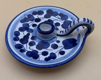 Vintage Candleholder Signed Santucci Deruta Blue & White Made in Italy Lover Antiques and Vintage