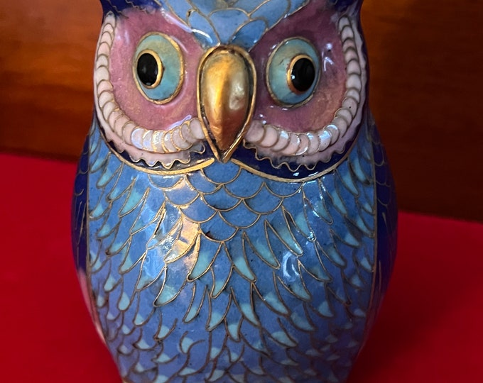 Vintage Cloisonné Horned Owl Statue, Colorful Enameled Cobalt Blue Owl Figurine, Lover Antiques and Vintage