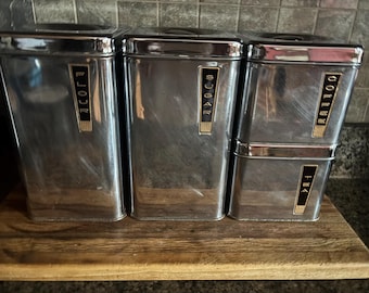 Mid Century Modern Lincoln Beautyware Chrome Canister Set Black & Gold Labels