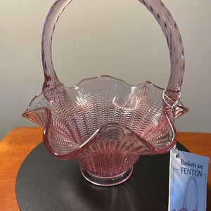 Vintage Fenton Cranberry Ruffled Basket with Handle with tags Pink Glass Vase Art Glass Elegant Edge Home Decor