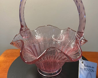 Vintage Fenton Cranberry Ruffled Basket with Handle with tags Pink Glass Vase Art Glass Elegant Edge Home Decor