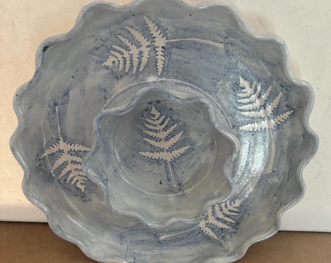 Vintage Blue Stone with Stenciled Leaf Design Bowl Tray Hors d'oeuvre Platter Signed Cape Cod Lilli Lover Antiques and Vintage