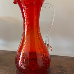 Vintage Red Amberina 7” Glass Pitcher Bud Vase, Applied Handle Red Yellow Glass, Lover Antiques and Vintage