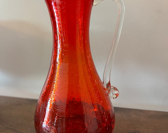 Vintage Red Amberina 7” Glass Pitcher Bud Vase, Applied Handle Red Yellow Glass, Lover Antiques and Vintage