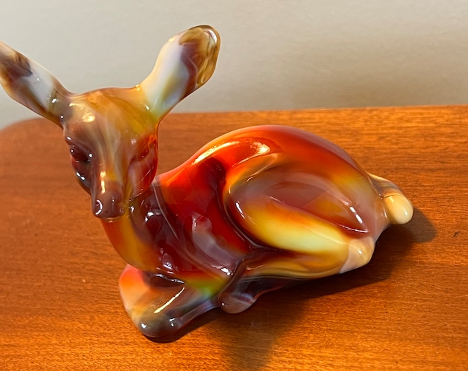 Vintage Fenton Fawn Deer Ruby Marble 1984 Special Order Satin Glass Art Glows Under Black Light Lover Antiques and Vintage