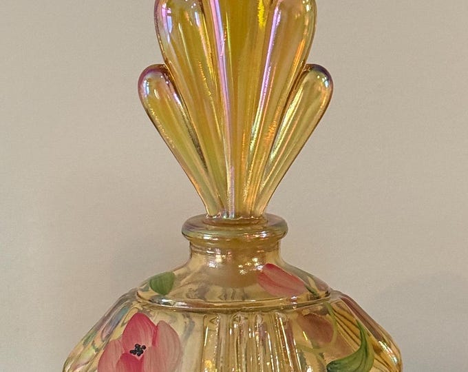 Vintage Fenton Art Glass Perfume Bottle Autumn Gold Carnival Glass Hand Painted by C. Hall Lover Antiques and Vintage