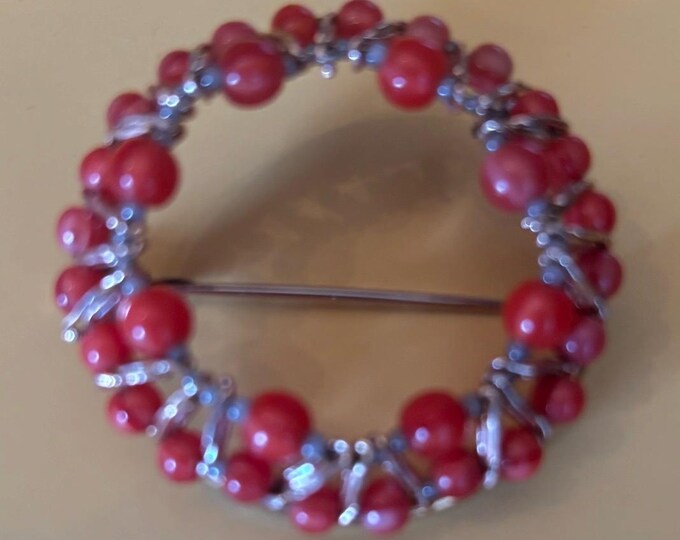 Vintage Red Coral Style Beaded and Wired Circle Brooch, Circular Pin