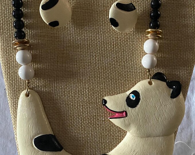 Vintage Panda Bear Figural BIB & Beaded Statement Resin Necklace and Matching Earrings Jewelry Unique Gifts Lover Antiques and Vintage