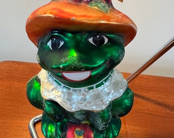 Vintage Radko Lillie Mae Frog with Flower Hat Large Glass Spring Easter Ornament Ribbit Frogs Old Ornaments