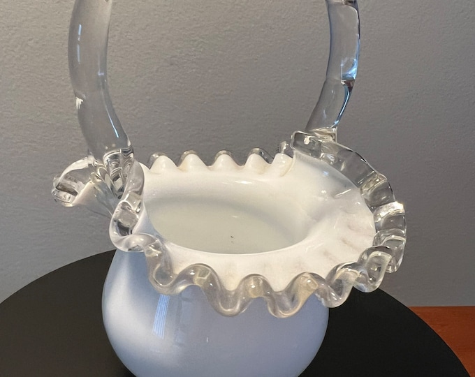 Vintage Fenton Silvercrest Glass White Ruffled Basket Vase Art Glass Elegant Ruffled Edge Home Decor Silver Lover Antiques and Vintage