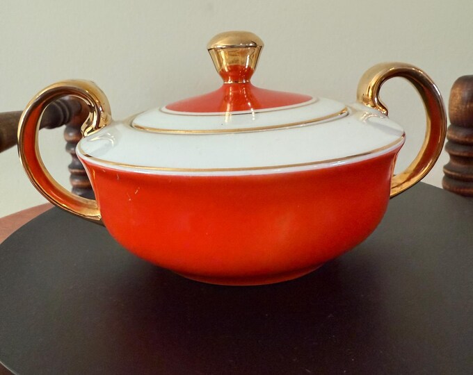 Vintage Elegant Porcelain Orange and 22K Gold Trimmed Sugar Bowl with Lid Made in Portugal Lover Antiques and Vintage