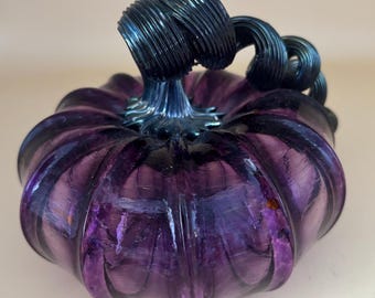 Vintage Purple Glass Pumpkin with Curly Stem Hand Blown Glass Art Lover Antiques and Vintage