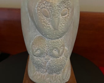 Vintage Grete Schiller Owl and Babies Statue, Alva Museum Replica Owl Figurine with wood base, Vintage