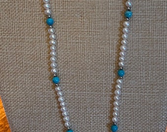 Vintage Sterling Silver Turquoise Pendant Pearl Beaded Necklace