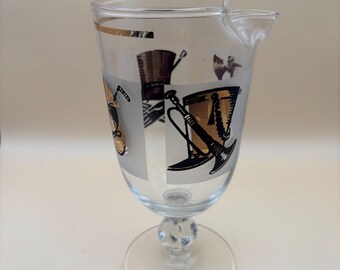 Vintage Libbey Pitcher with Spout Bar Glass with Gold and Black Firefighter Jockey Military Top Hat Design Lover Antiques and Vintage