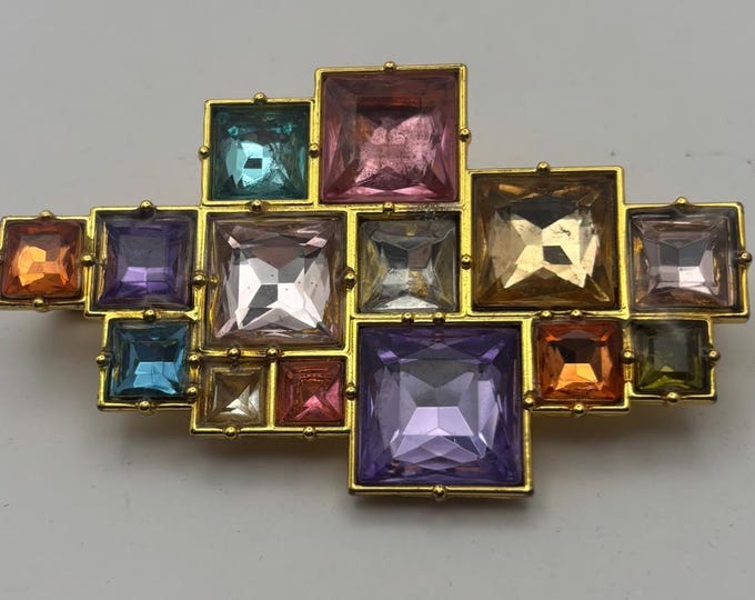 Vintage Swarvoski Style Window Pane Crystal Brooch, Abstract Geometric Stained Glass Layout