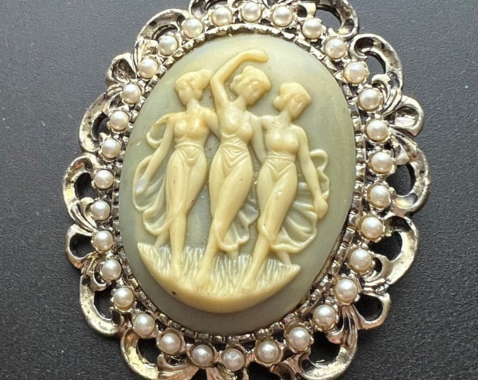 Vintage Three Graces Cameo Pin Brooch Pendant with Faux Pearl Seeds Victorian Style Cameos Jewelry Lover Antiques and Vintage