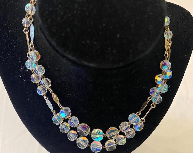 Vintage AB Crystal Multi Strand Clear Iridescent Necklace Made West Germany Unique Gift Opportunity Lover Antiques and Vintage
