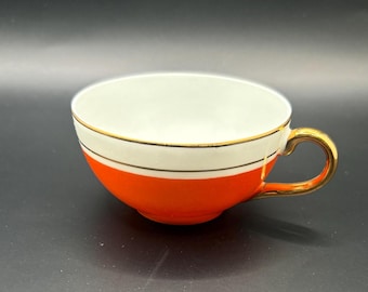 Vintage Elegant Porcelain Orange and 22K Gold Trimmed Tea Cup Coffee Cup Made in Portugal Lover Antiques and Vintage