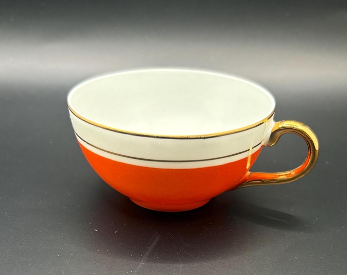 Vintage Elegant Porcelain Orange and 22K Gold Trimmed Tea Cup Coffee Cup Made in Portugal Lover Antiques and Vintage