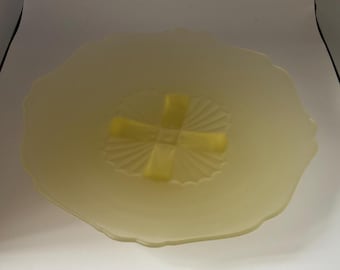 Vintage Indiana Glass Yellow Satin Glass Serving Tray, Criss Cross Base Centerpiece Bowl, Lover Antiques and Vintage