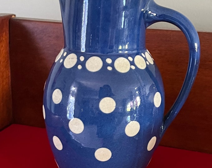 Vintage Ceramic Pitcher Jug Mug Burgel Thuringia Blue White Polka Dot Jug Lover Antiques and Vintage