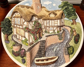 Vintage David Winter Cottages on the Riverbank Collectors Guild Wall Plate handmade hand painted Great Britain figures figurines