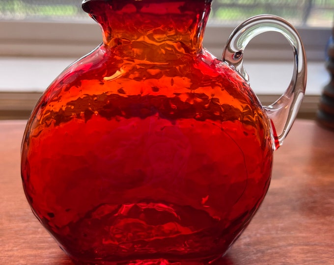 Vintage Crackle Amber Art Glass Colored Pitcher with handle red orange