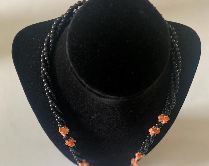 Vintage Black Onyx & Coral Gold Multi Strand Beaded Necklace Unique Gift Opportunity Lover Antiques and Vintage