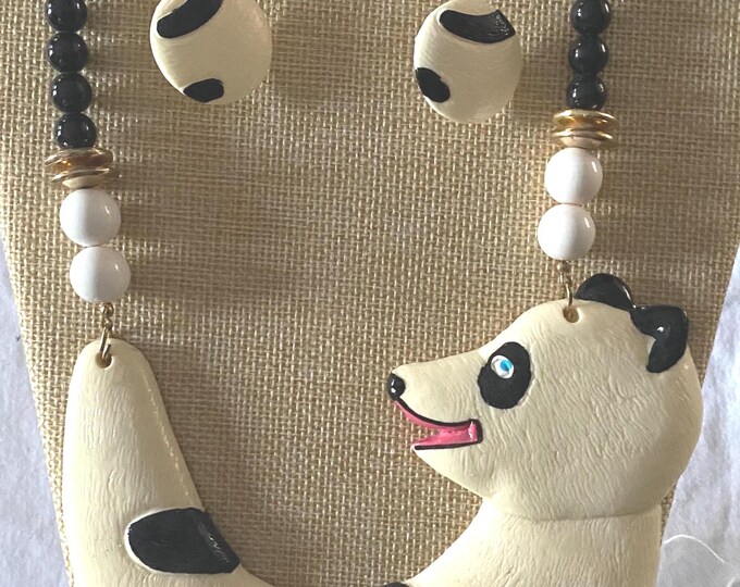Panda Bear Figural BIB & Beaded Statement Resin Necklace and Matching Earrings Jewelry Unique Gifts