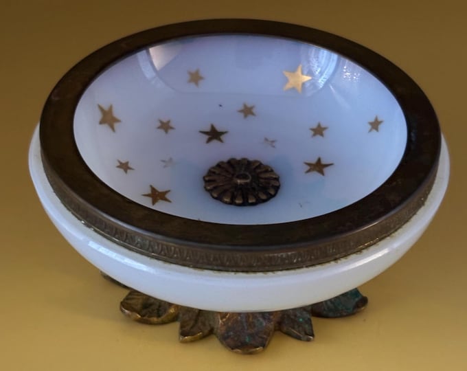 Antique French Opaline Glass Dish Bronze Mounted Stand, Gold Star Decoration