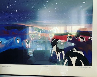 Vintage Woody Jackson Starry Pastures 1993 Signed Numbered & Framed Cow Print Abstract Ben and Jerry artwork art Lover Antiques and Vintage