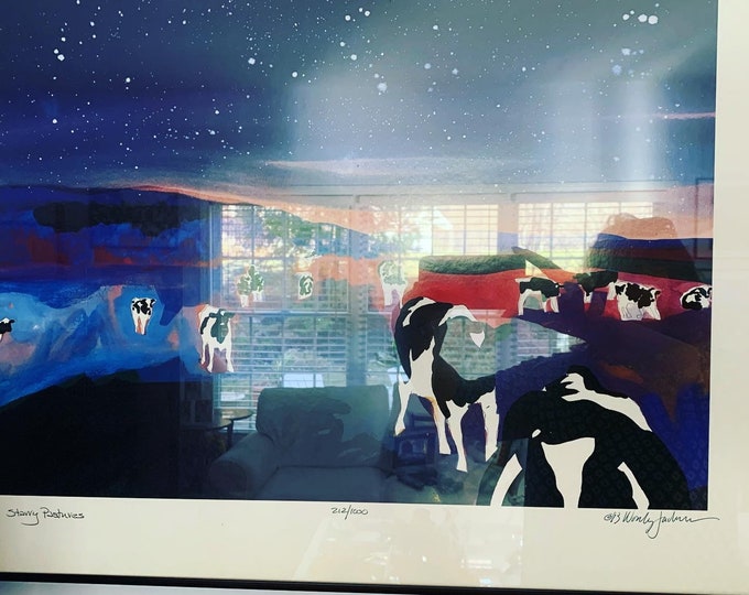 Vintage Woody Jackson Starry Pastures 1993 Signed Numbered & Framed Cow Print Abstract Ben and Jerry artwork art Lover Antiques and Vintage