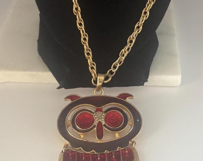 Vintage Red Enamel and Gold Owl Necklace Lover Antiques and Vintage