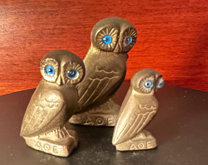 Vintage Brass Owl Family of 3, Brass Owls, Brass Owls with Gems, Lover Antiques and Vintage
