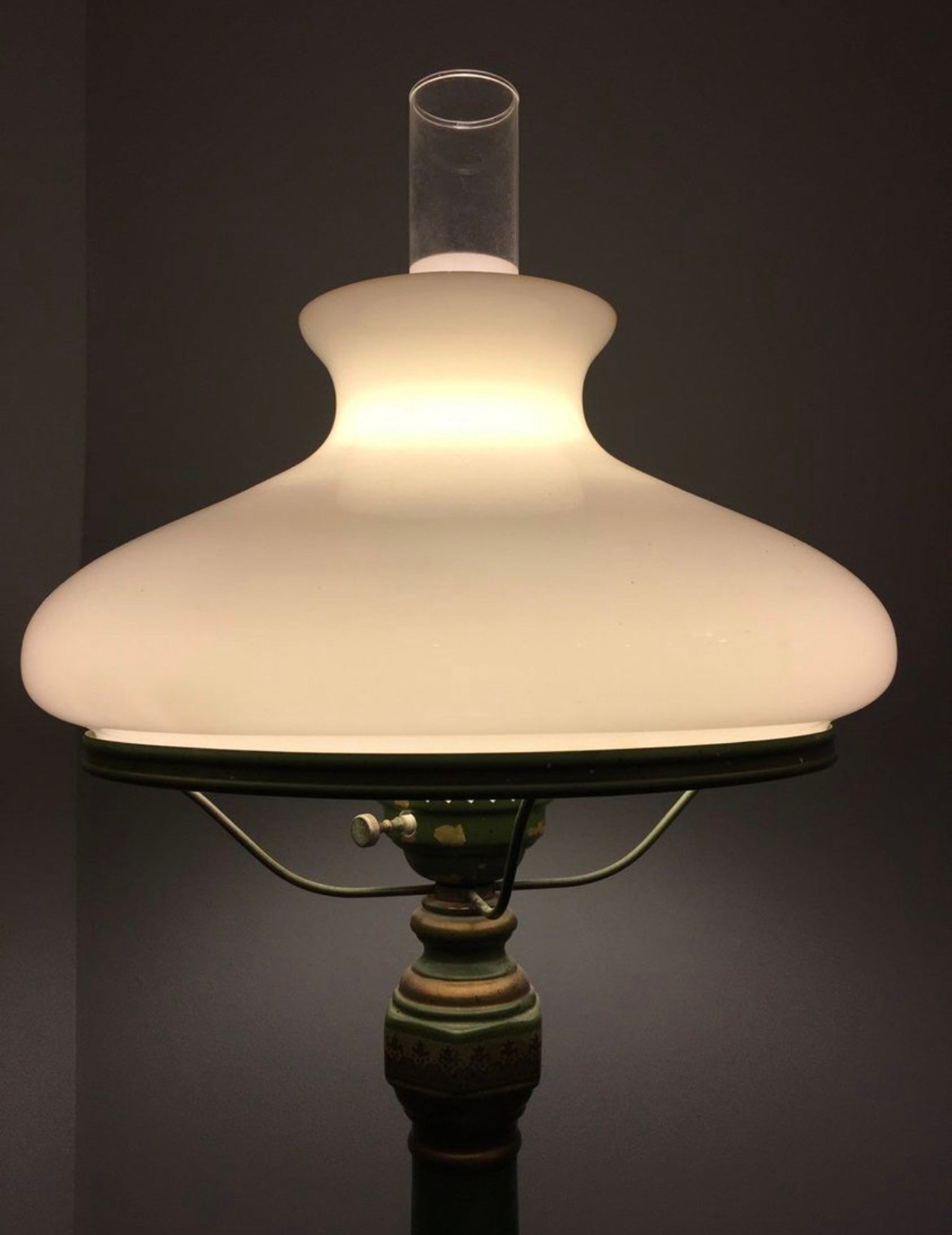 Vintage Green Library Lamp With Hurricane Globe & Milk Glass Etsy