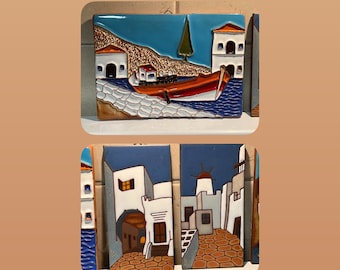 Vintage Dedallos Co. Hand Crafted Greek Greece Decorative Hanging Tiles signed colorful mid century modern tile