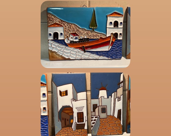 Vintage Dedallos Co. Hand Crafted Greek Greece Decorative Hanging Tiles signed colorful mid century modern tile