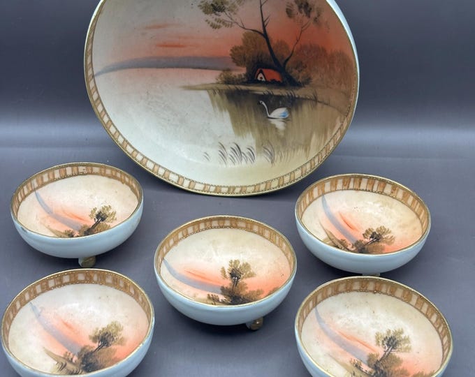 Antique Japanese Porcelain Berry Bowl Set Hand Painted Sunset Swan Landscape 6pc 1920s